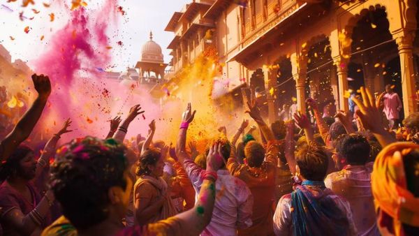 This may contain: many people are throwing colored powder on each other in the air while celebrating holi day