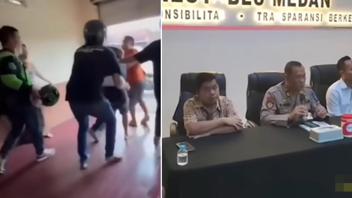 KORBAN PENCURIAN TERSANGKA - Kasi Humas Polrestabes Medan AKP N Gultom (tengah), menjelaskan duduk perkara kasus penganiayaan yang dialami oleh pelaku pencurian toko ponsel, di Polrestabes Medan, Senin (2/2/2026). Terkait penganiayaan ini, empat orang telah ditetapkan tersangka di mana tiga orang DPO.