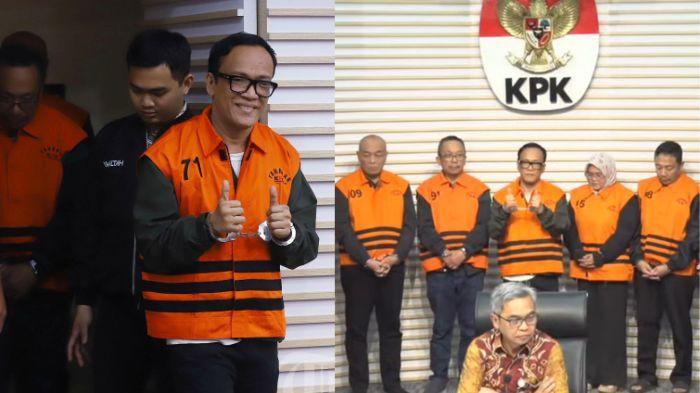 MINTA MAAF - Wakil Menteri Ketenagakerjaan (Wamenaker) Immanuel Ebenezer atau Noel memgacungkan dua jempol tangannya ke awak media (kiri) Noel bersama tahanan lainnya saat berada di ruang pers di Gedung KPK.