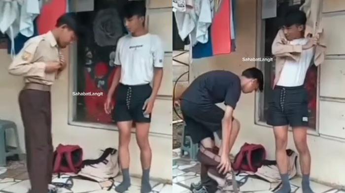 GANTIAN PAKAI SERAGAM - Kisah kakak beradik bernama Haikal dan Haizar di Kecamatan Parung, Kabupaten Bogor, Jawa Barat, yang harus bergantian seragam demi bisa bersekolah menjadi sorotan di medsos.