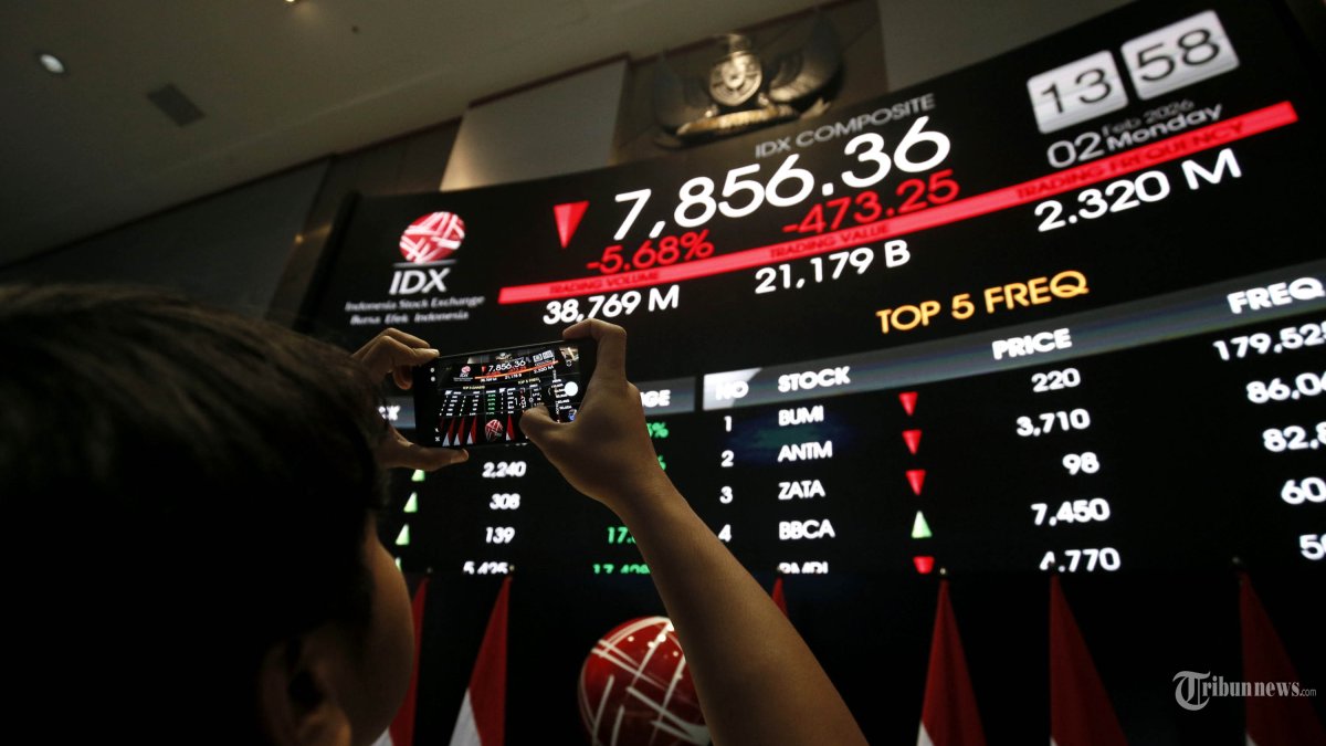 IHSG MELEMAH - Pengunjung melihat layar digital pergerakan Indeks Harga Saham Gabungan (IHSG) di Bursa Efek Indonesia, Jakarta, Senin (2/2/2026). IHSG melemah 406 poin atau turun 4,88 persen ke level 7.922,7 pada penutupan perdagangan 2 Februari 2026. TRIBUNNEWS/IRWAN RISMAWAN