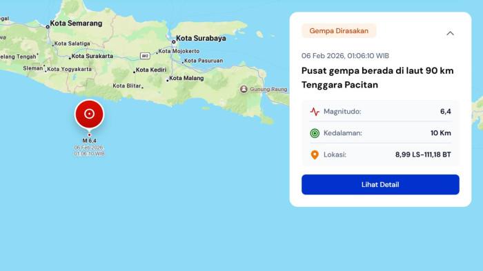 GEMPA PACITAN - Laman resmi BMKG menyebutkan bahwa gempa Magnitudo 6.4, Jumat (6/2/2026) pukul 01.06 wib. Lokasi 8.99 Lintang Selatan, 111,18 Bujur Timur. 90 kilometer Tenggara Pacitan Jatim, kedalaman 10 kilometer. Walaupun pusat gempa di Pacitan, namun getaran dirasakan kuat hingga wilayah Ponorogo. Sebagian warga pun terbangun dari tidur nyenyaknya dan berlarian keluar rumah menyelamatkan diri.
