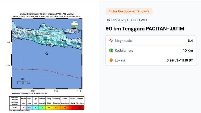 Tangkapan layar pengumuman BMKG soal gempa yang bersumber di Pacitan