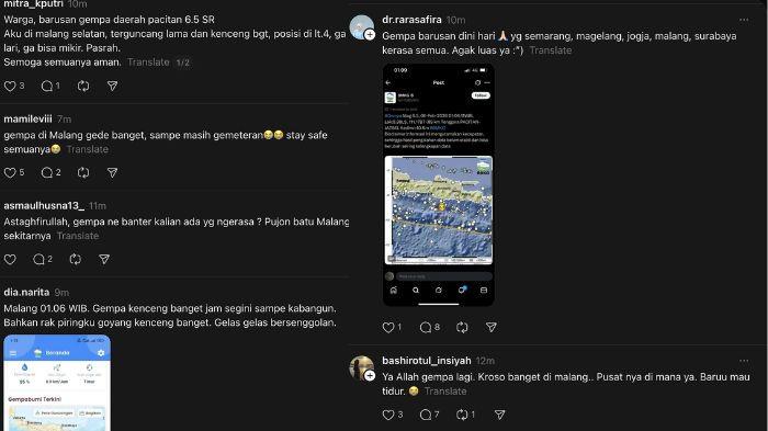 Tangkapan layar curhatan warganet di Threads yang terkena gempa
