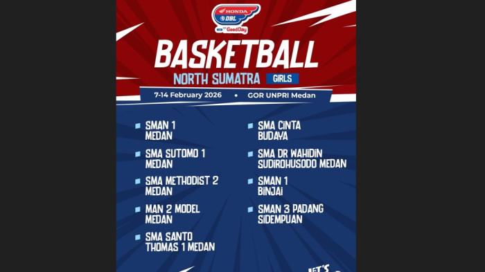 TIM PUTRI DBL  MEDAN - Daftar 9 tim putri yang berkompetisi di ajang basket pelajar terbesar di Indonesia, Honda DBL with Kopi Good Day 2025-2026 North Sumatra, yang resmi bergulir mulai hari ini, Sabtu (7/2/2026).