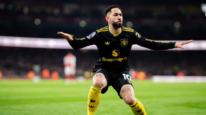 SELEBRASI - Penyerang Manchester United, Matheus Cunha merayakan gol kemenangan Setan Merah atas Arsenal pada pekan ke-23 Liga Inggris di Emirates Stadium, Minggu (25/1/2026) malam WIB. Manchester United gasak Arsenal 3-2.