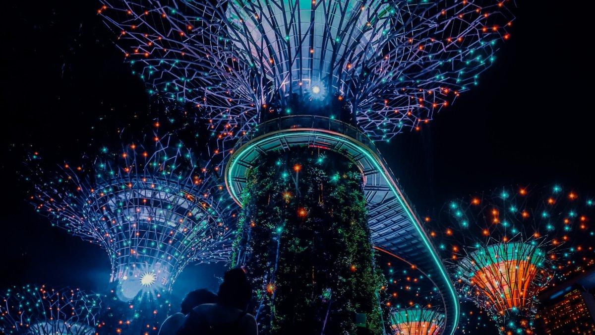 Gardens by The Bay, satu tempat wisata gratis di Singapura yang bisa kamu kunjungi saat malam hari.