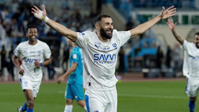 SELEBRASI - Selebrasi penyerang Al Hilal, Karim Benzema saat menghadapi Al Okhdood pada pekan ke-21 Liga Arab Saudi, Jumat (6/2/2026) dini hari WIB. Benzema cetak hattrick, Al Hilal pesta gol 6-0.