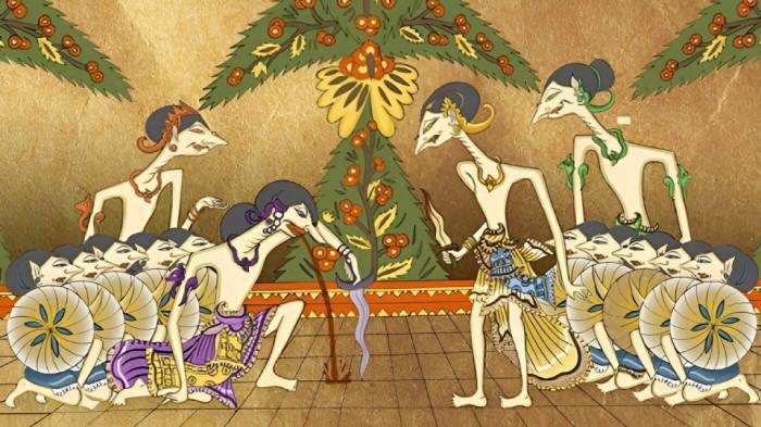 LUKISAN BATIK- Ilustrasi sebuah lukisan batik atau lukisan wayang yang menggambarkan sebuah peristiwa dalam kisah pewayangan.