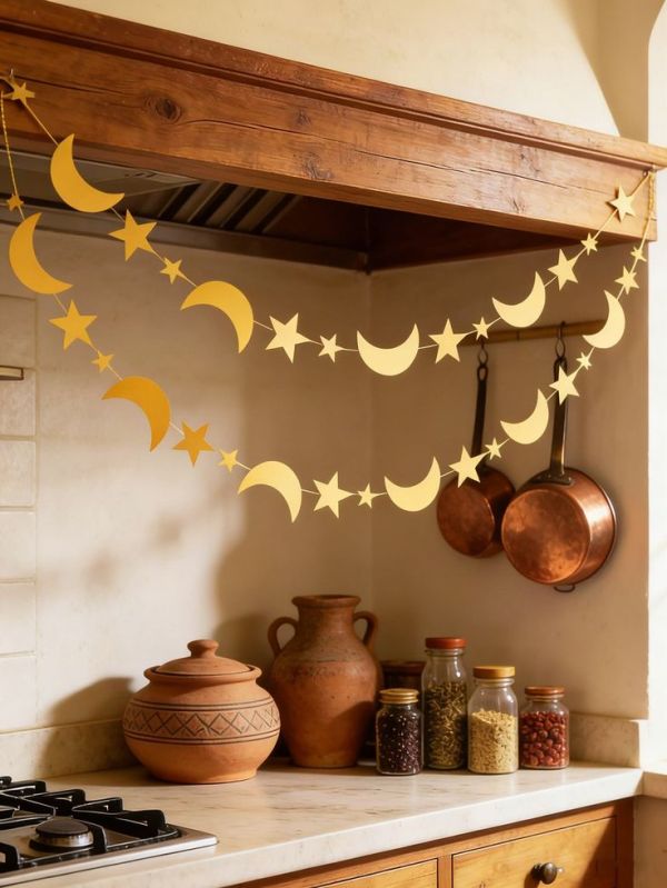 This may contain: a kitchen counter with pots and pans hanging from it's ceiling above the stove