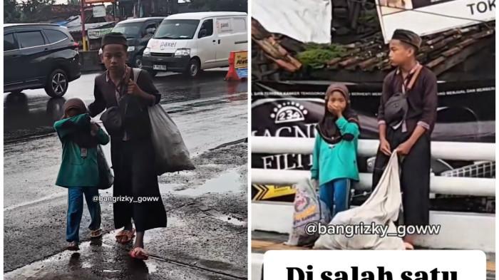KISAH PILU: Tangkapan layar Yadi (13) dan Siska (7) kakak adik pencari botol bekas di Bandung Barat ditolong polisi karena kehujanan dan kelaparan. Rela putus sekolah demi membantu orang tua mencari nafkah.