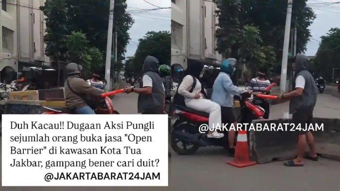 VIRAL MEDIA SOSIAL - Tangkapan layar video viral yang merekam Aksi pak ogah membuka barier oranye dan meminta uang kepada pengendara di kawasan Kota Tua, Kecamatan Tamansari, Jakarta Barat pada Sabtu (7/2/2026).