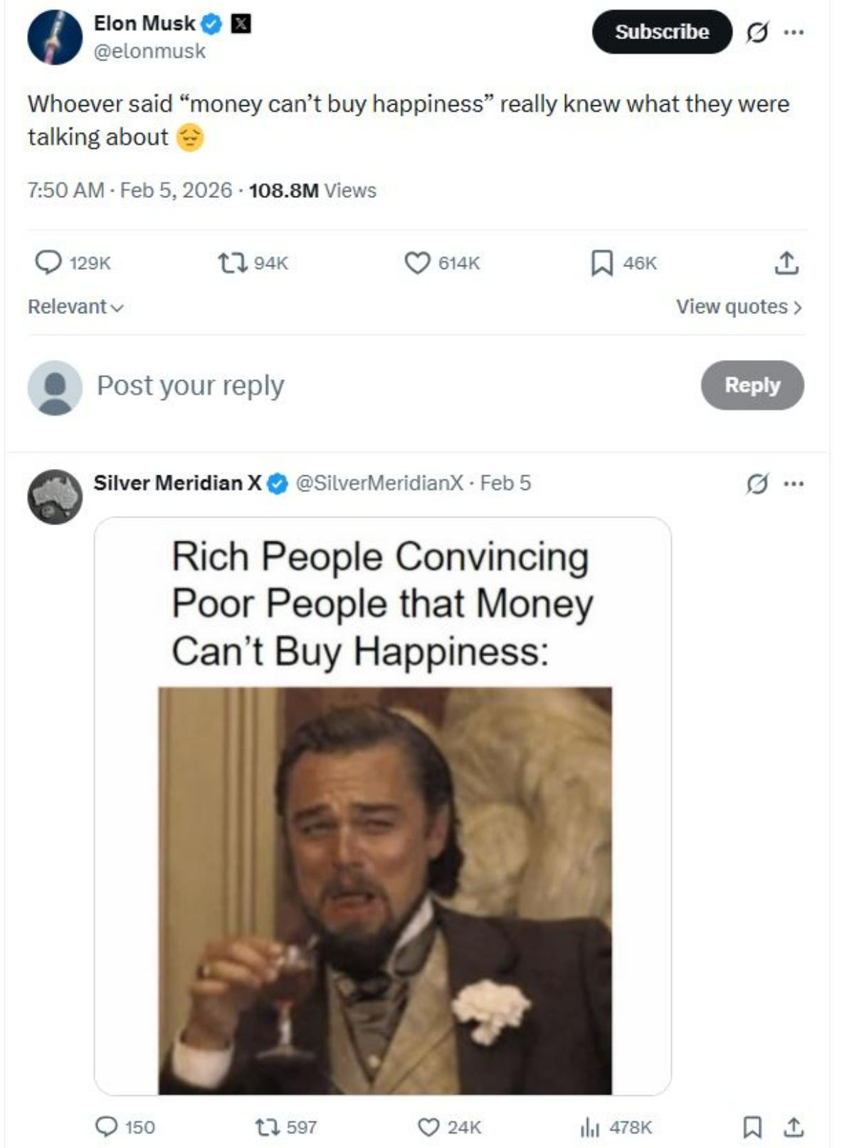 CUITAN ELON MUSK - Cuitan Elon Musk di X (sebelumnya Twitter) yang menyatakan uang tidak bisa membeli kebahagiaan.