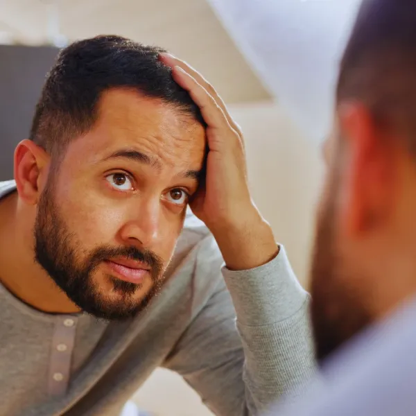 man examining his receding hair line