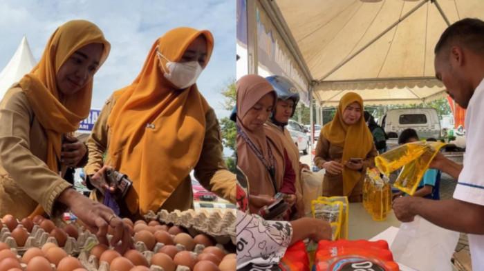 GPM DI KENDARI - Kolase foto pegawai pemerintah kota dan masyarakat Kendari berbelanja telur ayam ras (kiri) serta minyak goreng Minyakita (kanan) di Gerakan Pangan Murah (GPM), Senin (9/2/2026). Gerakan ini dilaksanakan selama lima hari mulai 9-13 Februari 2026 di Halaman Parkir Kantor Balai Kota Kendari, Jalan Abdullah Silondae  Kelurahan Mandonga, Kecamatan Mandonga, Sulawesi Tenggara (Sultra). (TribunnewsSultra.com/Apriliana Suriyanti)