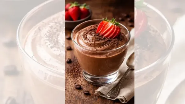 Chocolate mousse served in a glass, topped with sliced ​​strawberries.