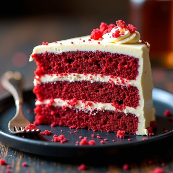 This may contain: a slice of red velvet cake with white frosting and sprinkles on a black plate