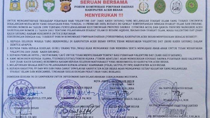 LARANGAN RAYAKAN VALENTINE - Foto informasi yang dirilis Pemerintah Aceh pada 13 Februari 2023, menampilkan larangan untuk merayakan Hari Valentine di Provinsi Aceh. (acehprov.go.id)