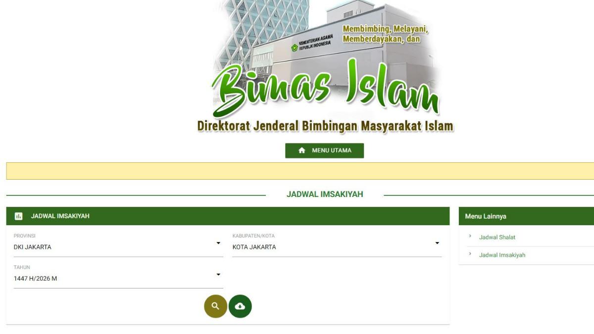 JADWAL IMSAKIYAH KEMENAG - Tampilan beranda jadwal imsakiyah Ramadhan 2026 dari Kemenag yang diambil dari situs bimasislam.kemenag.go.id, Jumat (13/2/2026).
