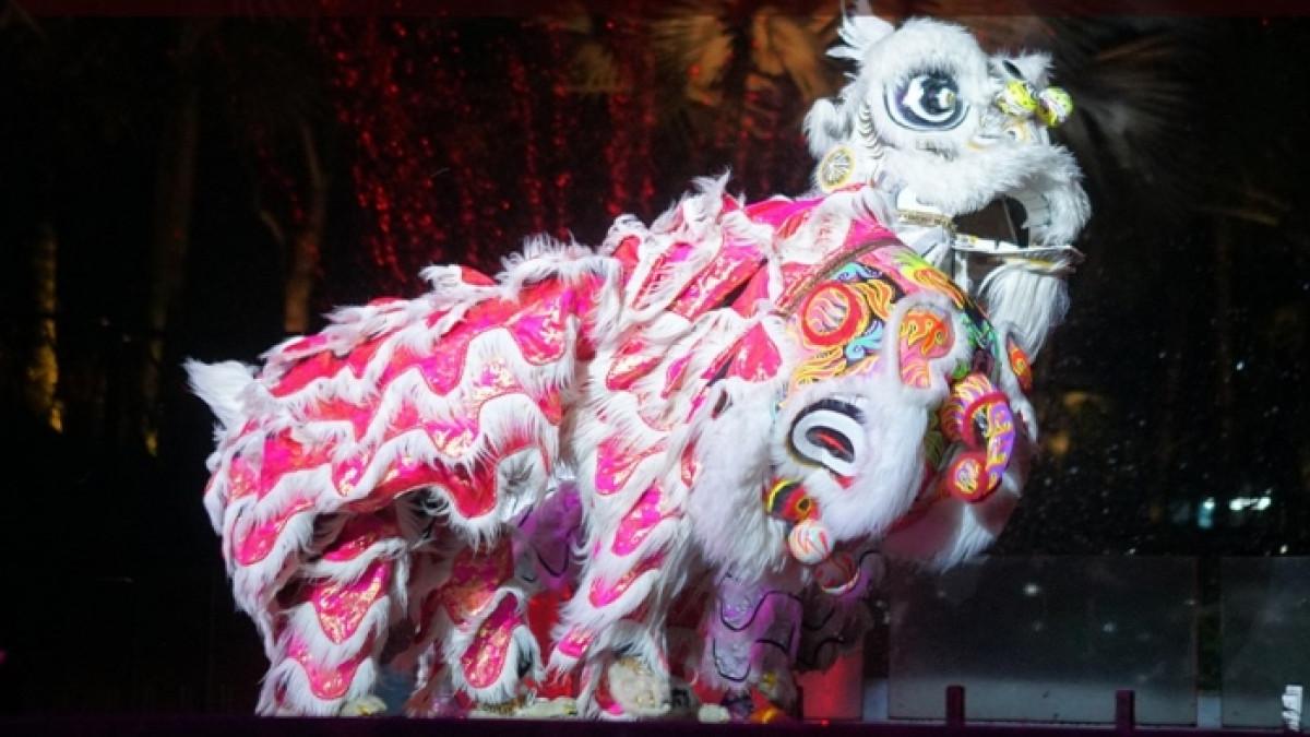 Pertunjukan barongsai di Saloka Theme Park Semarang, Jawa Tengah.