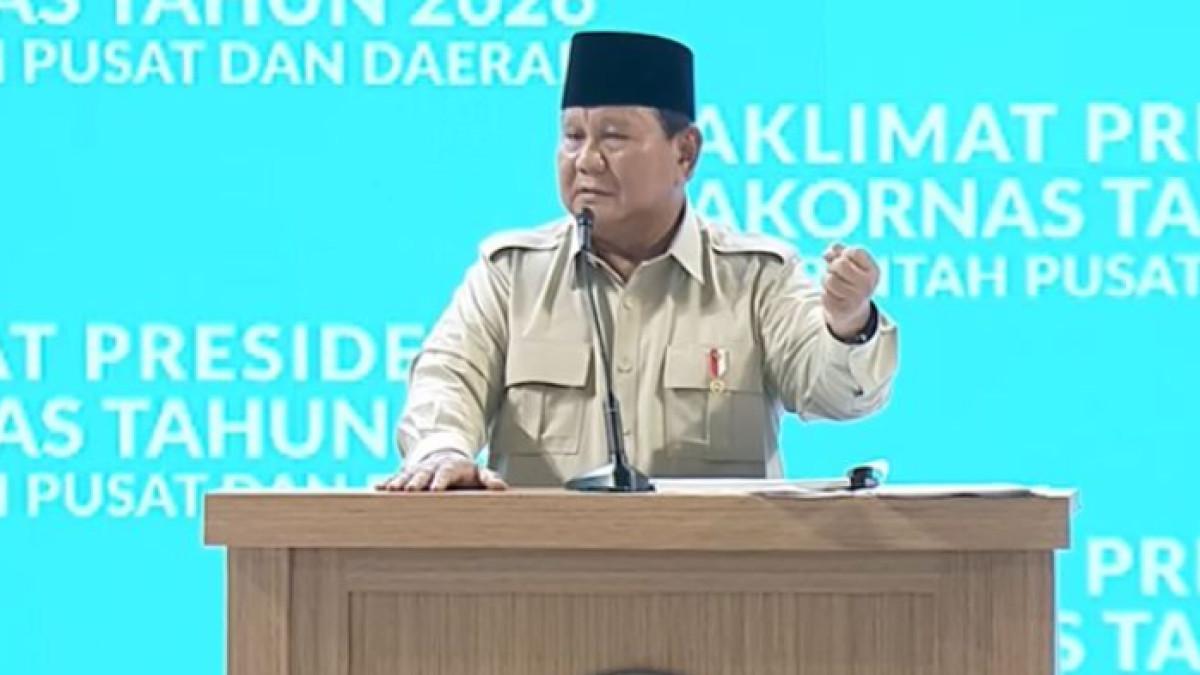 PIDATO PRESIDEN PRABOWO - Presiden Prabowo Subianto berpidato di Rakornas Pemerintah Pusat dan Daerah Tahun 2026, Senin (2/2/2026). Ia pun sempat menyentil pihak yang nyinyir soal sawit.