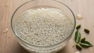 Soaked sabudana pearls in a glass bowl.