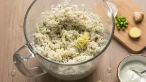 Sabudana batter with ginger and herbs in bowl.