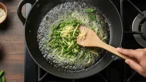 Adding green chilies and ginger to hot oil