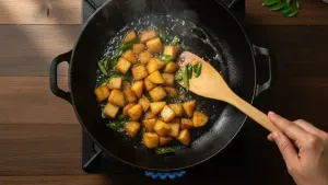 Sautéing spiced potato cubes in pan