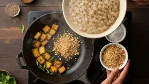 Adding sabudana and peanut mixture to pan