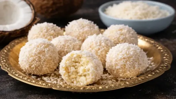 Paneer petha coconut laddus served on a brass plate with grated coconut coating.