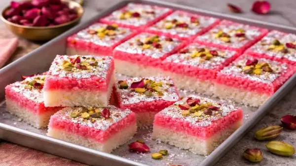 No-cook coconut barfi with pink and white layers topped with silver varq on a tray.