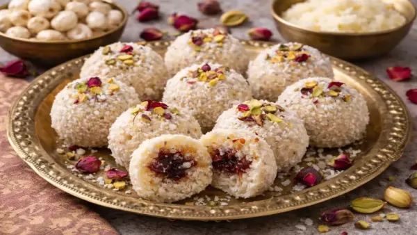 Gulakand makhana laddus coated with coconut and garnished with pistachios and rose petals on a brass plate.