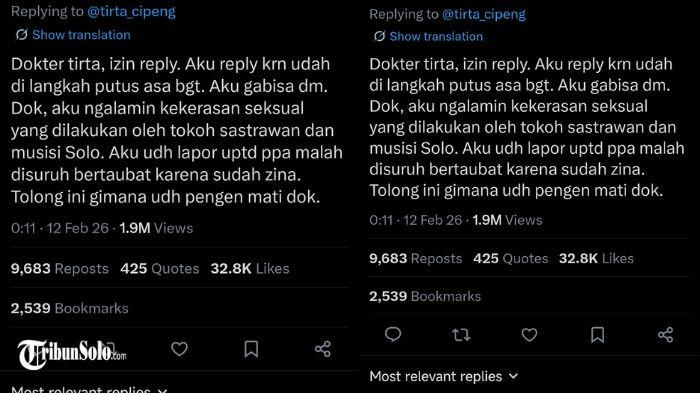 DUGAAN KEKERASAN SEKSUAL : Tangkapan layar unggahan di X seorang perempuan yang mengaku menjadi korbaan dugaan kekerasan seksual, dilihat Minggu (15/2/2026). Kasus ini menjadi sorotan publik setelah korban mengaku dipersalahkan saat melapor dan bahkan diminta bertobat oleh petugas layanan pemerintah.