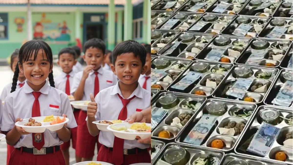 SEDEKAH DI MBG - Ilustrasi siswa dan potret uang Rp 50 ribu di wadah MBG