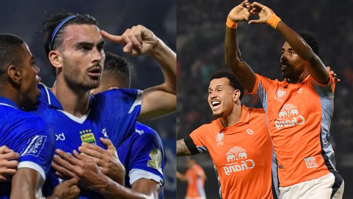 POTRET TIM - Potret selebrasi pemain Persib Bandung (kiri) dan momen foto bersama skuad Ratchaburi FC (kanan).