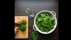 Fresh spinach and sorrel leaves being washed thoroughly in water and finely chopped on a cutting board.