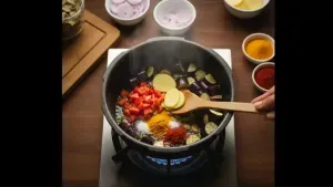 Potatoes and eggplant cooking with tomatoes, turmeric, red chili powder, and salt mixed together in the cooker.