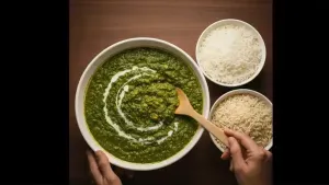 Hot saai bhaji served in a bowl alongside plain or brown rice, ready to eat.