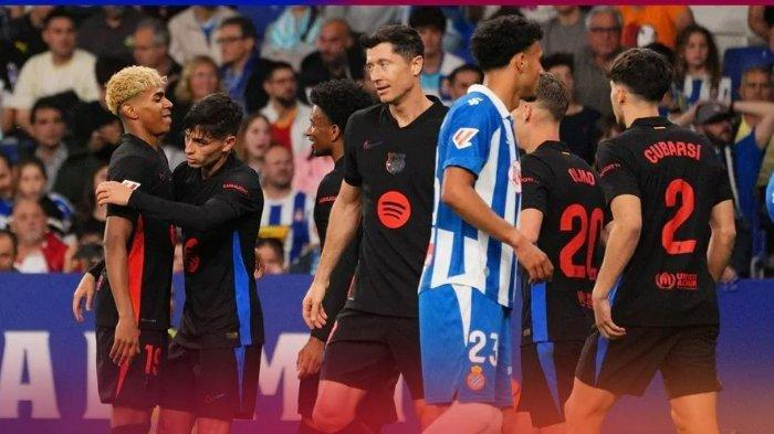 PERAYAAN GOL - Selebrasi Lamine Yamal (paling kiri) pada pertandingan pekan 36 Liga Spanyol antara Espanyol vs Barcelona di Stadion RCDE, Jumat (16/5/2025) dini hari WIB. Barcelona pastikan gelar juara LaLiga ke-28.
