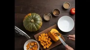 Pumpkin washed, peeled, seeds removed, and cut into small uniform pieces for even cooking