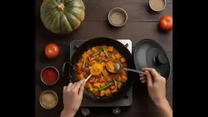 Chopped tomatoes, turmeric, red chili powder, and coriander powder added to pumpkin, mixed well, and cooked until fully soft and flavorful.