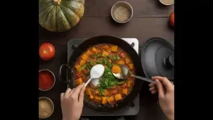 Optional 2 teaspoons sugar added for sweet-spicy taste; chopped fresh coriander sprinkled on top and mixed before turning off the heat."