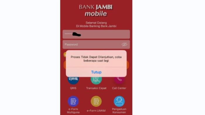 ERROR - Tampilan mobile banking Bank Jambi saat mencoba login pada Minggu (22/2/2026). Diduga terjadi peretasan rekening Bank Jambi