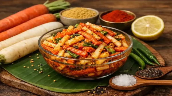 carrot radish pickle in a bowl besides some carrots, radish, lemon