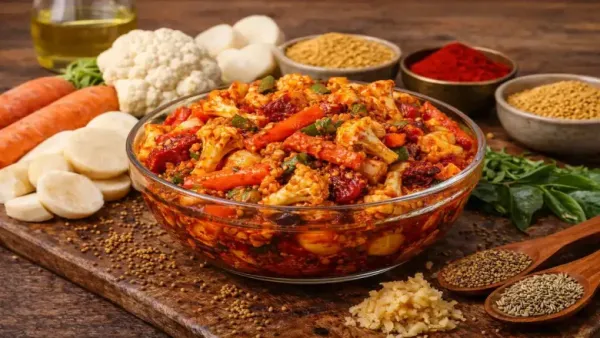 turnip cauliflower pickle in a bowl with some cauliflower and spices aside