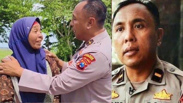 POLISI BAIK - (kiri) Muntama (56), warga Desa Suci, Kecamatan Sugio, Kabupaten Lamongan, Jawa Timur saat bertemu Ipda Purnomo di Kabupaten Lamongan, Jumat (20/2/2026). (kanan) Tangkap layar Ipda Purnomo di akun Youtube pribadinya. Ipda Purnomo menawarkan bantuan dan mengantarkan Ibu Muntama yang memanggul dua karung berisi barang rongsokan pulang ke rumahnya.