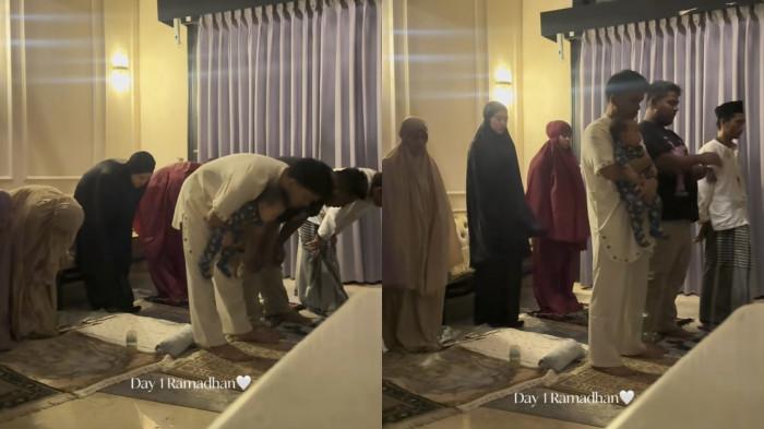 GENDONG BAYI - Keluarga kecil pasangan artis Thariq Halilintar dan Aaliyah Massaid shalat tarawih berjamaah di rumah saat hari pertama Ramadan dicapture Minggu (22/2/2026). Adik Atta Halilintar itu disorot efek sambil gendong Baby Arash.
