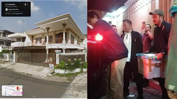 PENAMPAKAN - (kanan) Penyidik Dittipideksus Bareskrim Polri keluar membawa empat kotak barang bukti dari rumah dua lantai di Jalan Tampomas No 3, Sawahan, Surabaya, Kamis (19/2/2026). (kiri) Penampakan rumah yang digeledah Bareskrim dari google street.