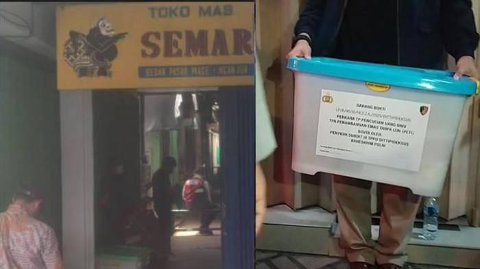 PERHIASAN KUNO - Petugas Direktorat Tindak Pidana Ekonomi Khusus (Dittipideksus) Bareskrim Polri tengah menggeledah Toko Emas Semar kawasan Pasar Wage, Jalan Ahmad Yani, Kelurahan Payaman, Kecamatan Nganjuk, Kabupaten Nganjuk, Terkait kasus TPPU dari tambang emas ilegal, Kamis (19/2/2026). Foto kanan: hasil penggeledahan di rumah mewah sang juragan di Surabaya.